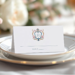 Vintage Monogrammed Floral Crest Wedding Place Card