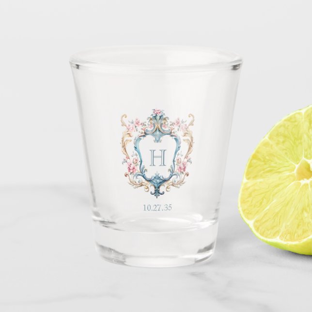 Vintage Monogrammed Floral Crest Wedding Shot Glass (Front)