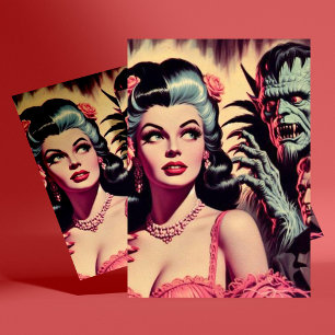 Vintage Monster Horror Girl Postcard