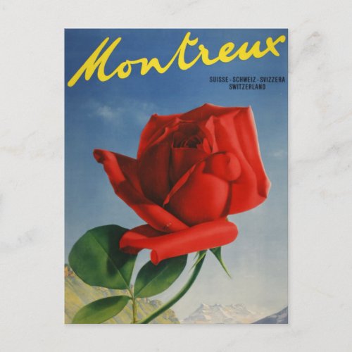 Vintage Montreux Red Rose Switzerland Geneva Lake Postcard