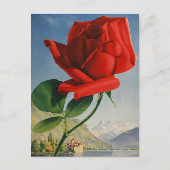Vintage Montreux Red Rose Switzerland Geneva Lake Postcard (Front)