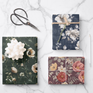 Vintage Moody Floral Faux Linen Texture  Wrapping Paper Sheets