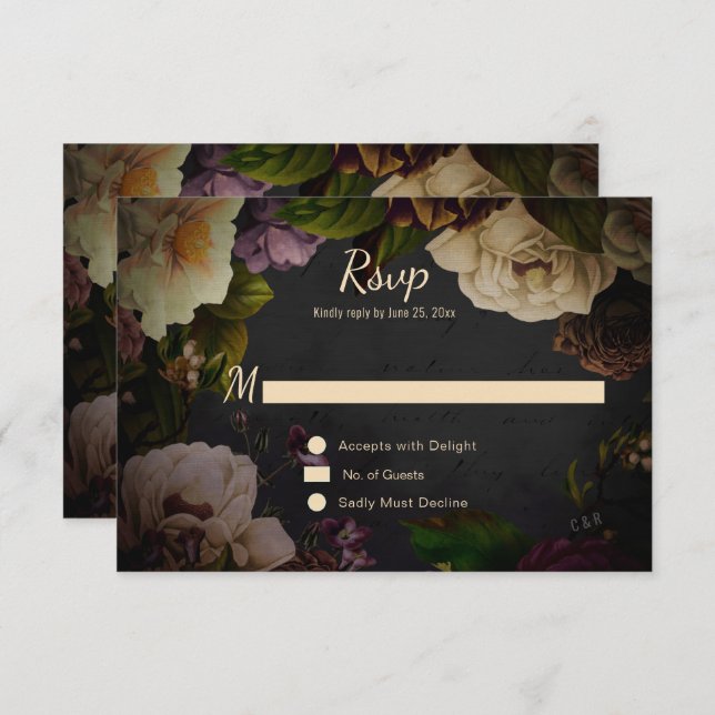 Vintage Moody Florals on Black RSVP (Front/Back)