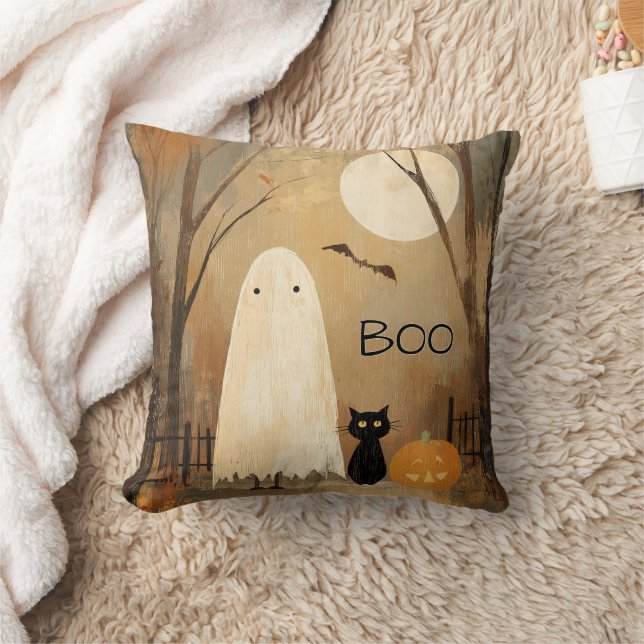 Vintage Moody Ghost & Black Cat Throw Pillow (Blanket)