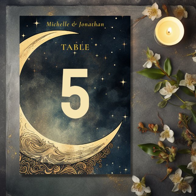 Vintage Moon and Stars Celestial Wedding Table Number (Front and Back - Vintage Moon and Stars Celestial Wedding Table Number)