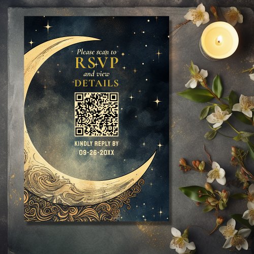 Vintage Moon and Stars QR Code Celestial Wedding  RSVP Card