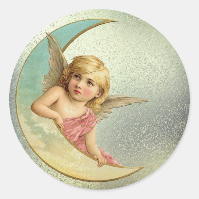 Vintage Moon Angel Classic Round Sticker (Front)