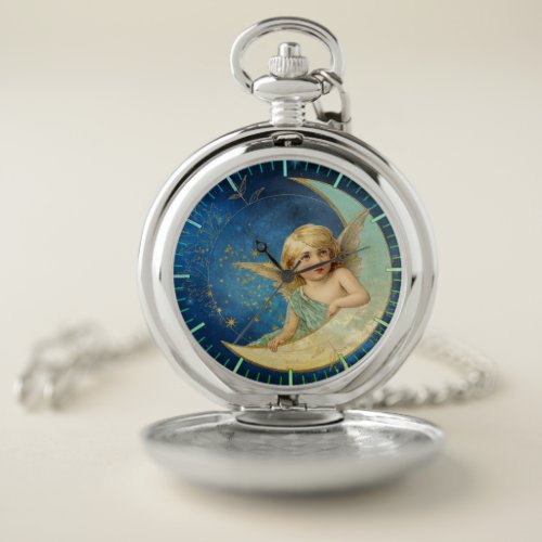 Vintage Moon Angel in Celestial Blue Pocket Watch