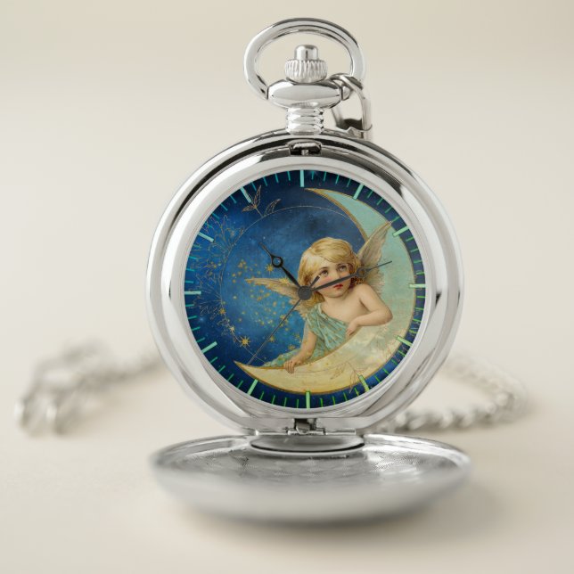 Vintage Moon Angel in Celestial Blue Pocket Watch (Inside)
