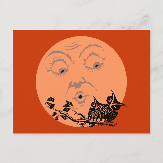 Vintage Moon Halloween Owls Postcard (Front)