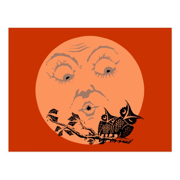 Vintage Moon Halloween Owls Postcard