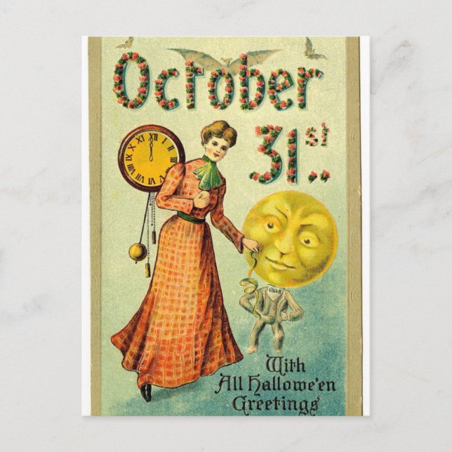 VIntage Moon Man Halloween Greetings Postcard (Front)
