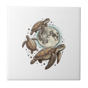 Vintage Moon Sea Turtle Engraving Shirt Design_1 Ceramic Tile