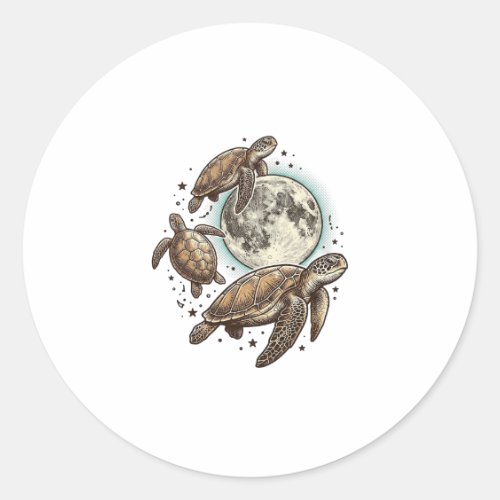 Vintage Moon Sea Turtle Engraving Shirt Design_1 Classic Round Sticker