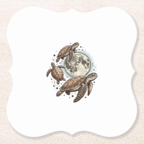 Vintage Moon Sea Turtle Engraving Shirt Design_1 Paper Coaster