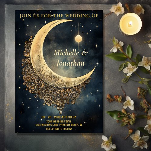 Vintage Moon Sun and Stars Celestial Wedding Invitation