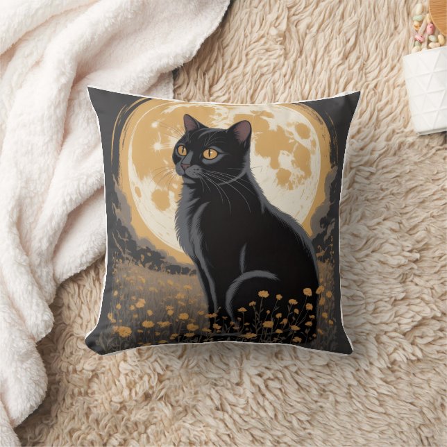 Vintage Moonlit Black Cat Wildflower Night  Throw Pillow (Blanket)
