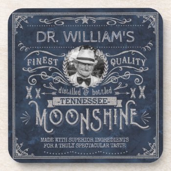 Vintage Moonshine Hillbilly Medicine Custom Blue Beverage Coaster by FunnyTShirtsAndMore at Zazzle