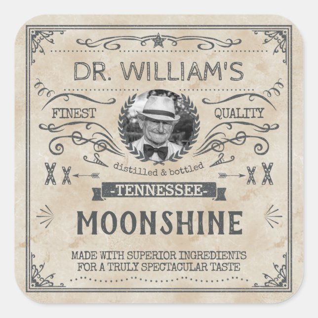 Vintage Moonshine Hillbilly Medicine Custom Brewer Square Sticker (Front)