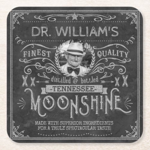 Vintage Moonshine Hillbilly Medicine Custom Gray Square Paper Coaster