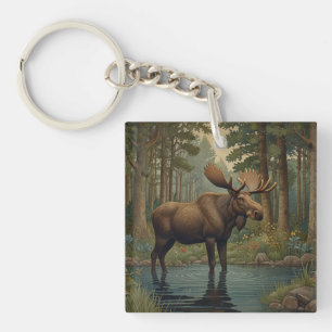 Vintage moose boho woodland forest greenery keychain