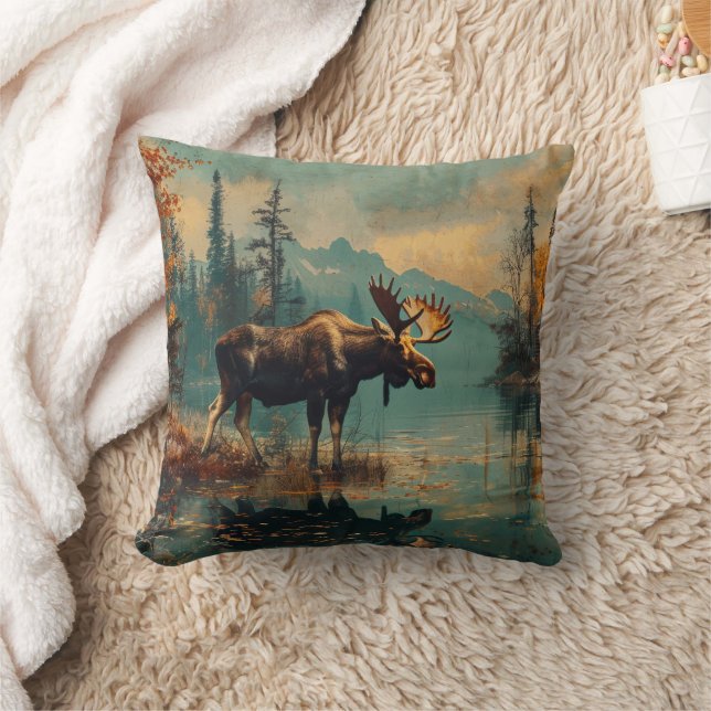 Vintage Moose Cabin Lake Autumn Foliage Throw Pillow (Blanket)