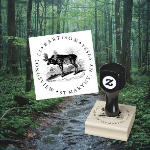Vintage Moose Forest Round Custom Return Address Rubber Stamp