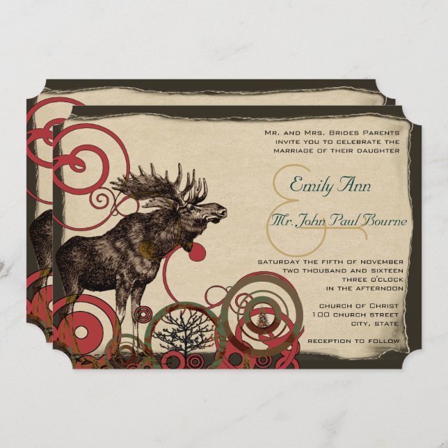 Vintage Moose Forest Wedding Invitations (Front/Back)