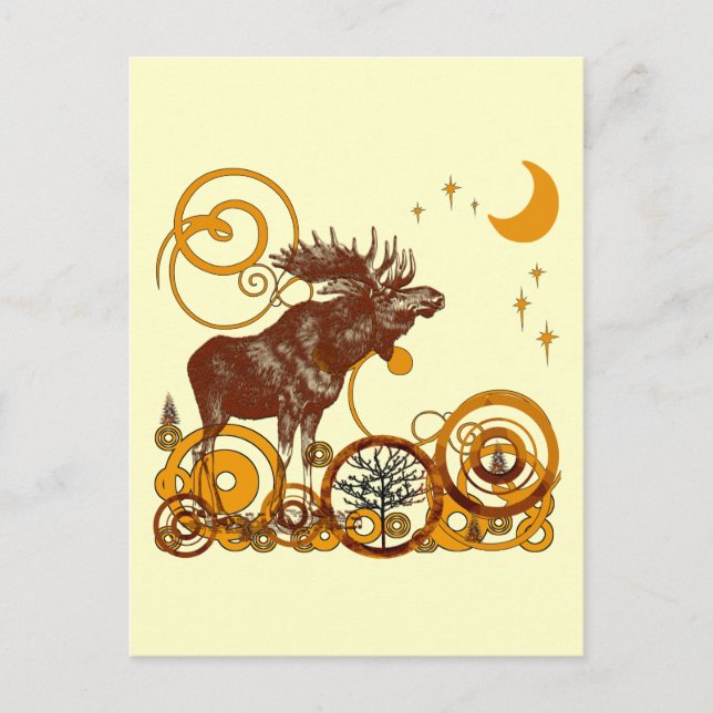 Vintage Moose Moon and Stars Postcard (Front)