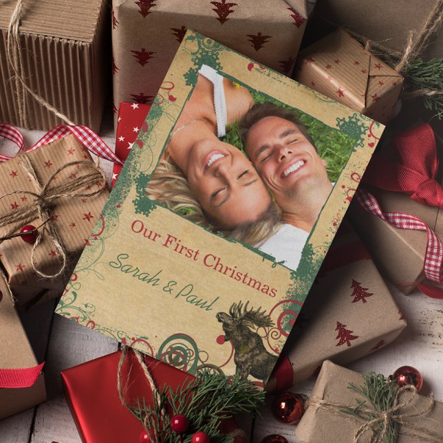 Vintage Moose Our First Christmas Photo Postcard (Creator Uploaded)