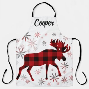 Vintage moose red plaid snowflakes apron