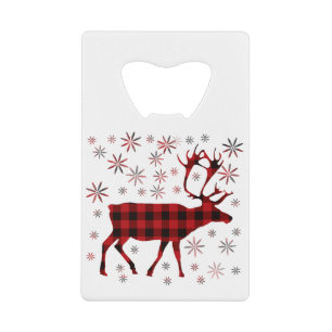 Vintage moose red plaid snowflakes credit card bottle opener
