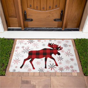 Vintage moose red plaid snowflakes doormat