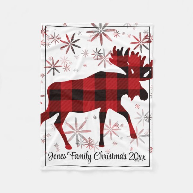 Vintage moose red plaid snowflakes fleece blanket (Front)