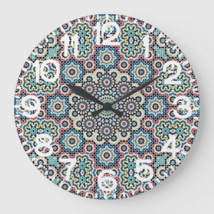 Vintage Moroccan Geometric Blue & Teal Floral Large Clock