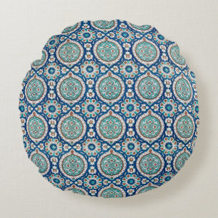 Vintage Moroccan Teal & Blue Intricate Pattern Round Pillow