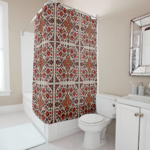 Vintage Moroccan Tribal Orange Floral Pattern Shower Curtain