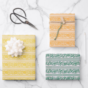  Vintage Morris Orange Yellow Green Stripe Pattern Wrapping Paper Sheets