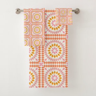 Vintage Mosaic Quilt Tiles Pattern in Pink Orange Bath Towel Set