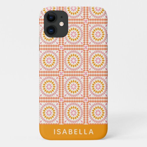 Vintage Mosaic Tiles Pink Orange Personalized iPhone 11 Case