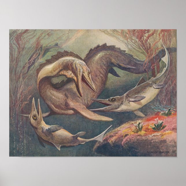 Vintage Mosasaurus vs. Ichthyosaurs Print (Front)