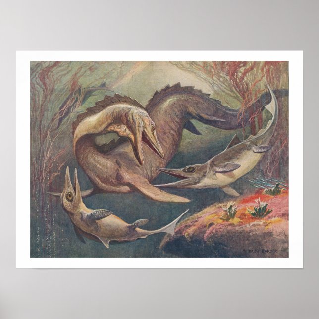 Vintage Mosasaurus vs. Ichthyosaurs Print (Front)