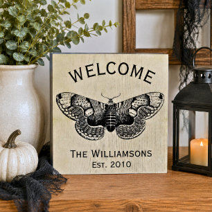 Vintage Moth Family Welcome Wood Box Sign