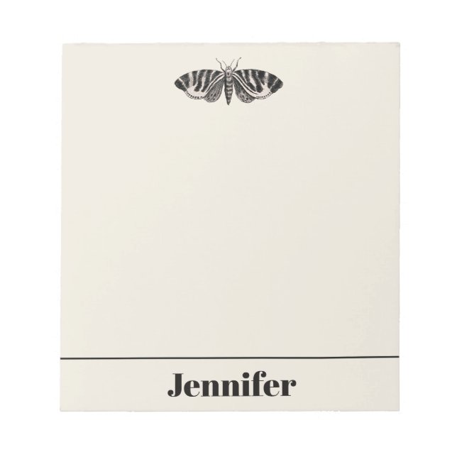Vintage Moth Illustration Black Beige Personalized Notepad (Front)