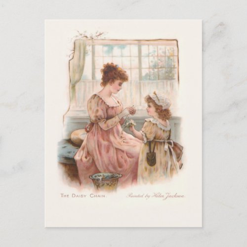 Vintage Mother and Child Making Daisy Chains Holiday Postcard
