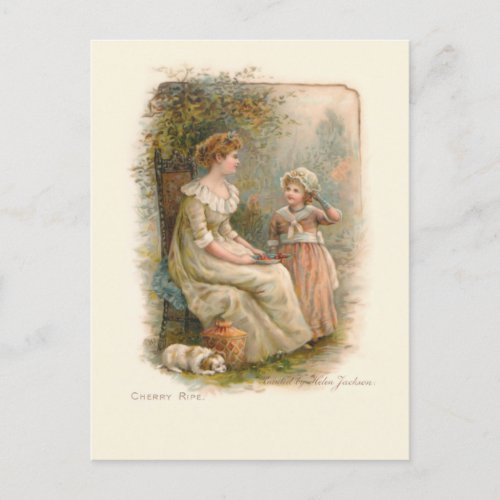 Vintage Mother and Child Picking Cherries Holiday Postcard