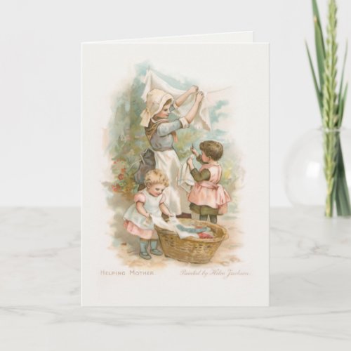 Vintage Mother and Children Hanging Laundry Card