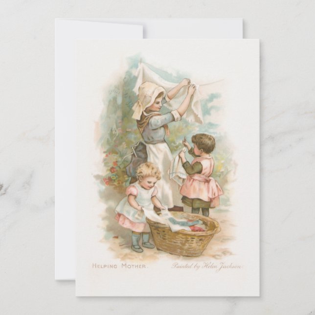 Vintage Mother and Children Hanging Laundry Holiday Card (Front)