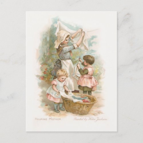 Vintage Mother and Children Hanging Laundry Holiday Postcard