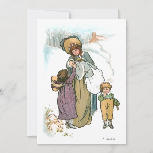 Vintage Mother and Children in Snow Holiday Card